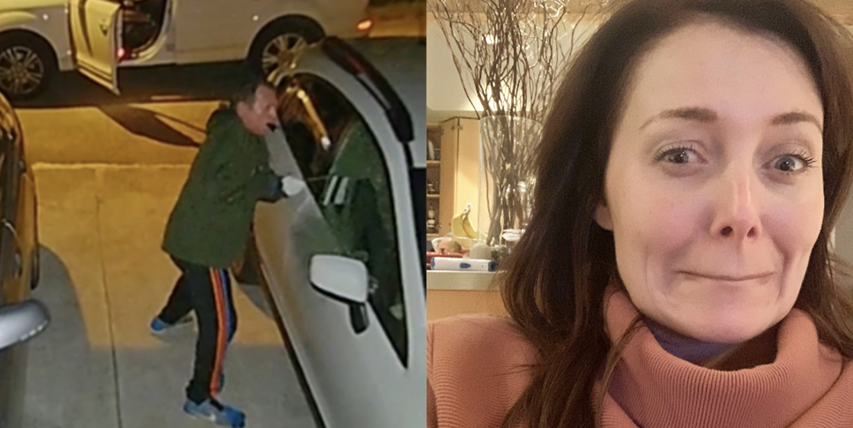 Man getting into car, woman about to laugh split image