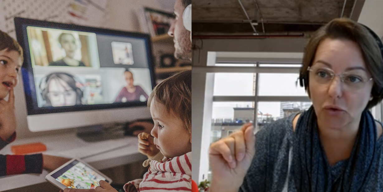 Man working with kids on lap and woman speaking split image