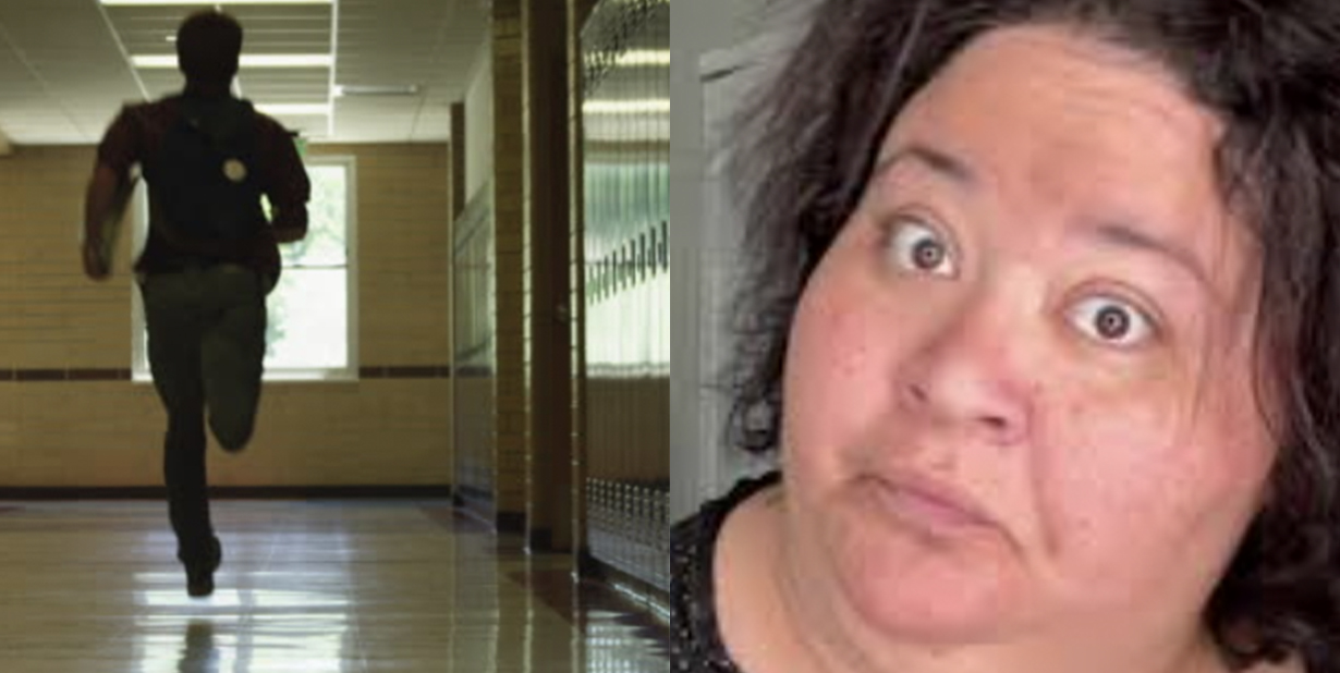 Man running in school hallway and shocked woman split image
