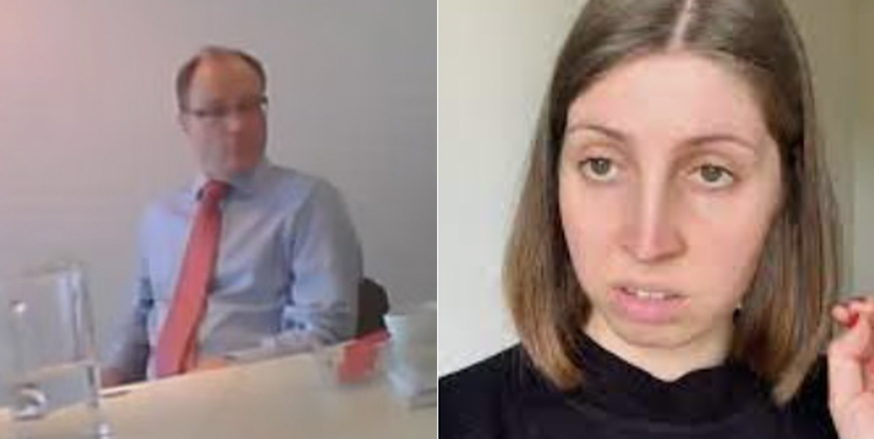 Man in meeting and an unimpressed woman split image