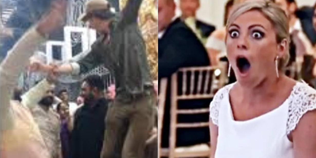 People dancing and shocked bride split image