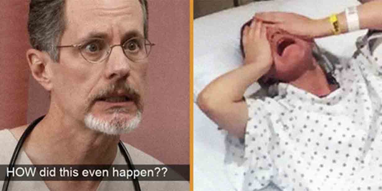 Shocked doctor and patient in pain split image