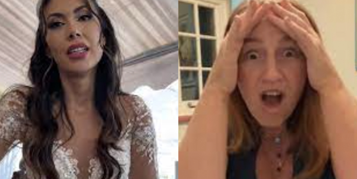 Bride and shocked woman split image