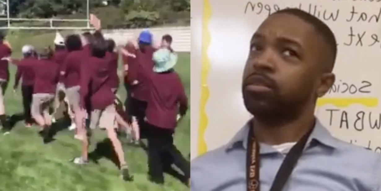 Group of students and teacher split image