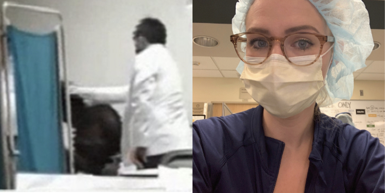 Doctor caught on camera and nurse split image