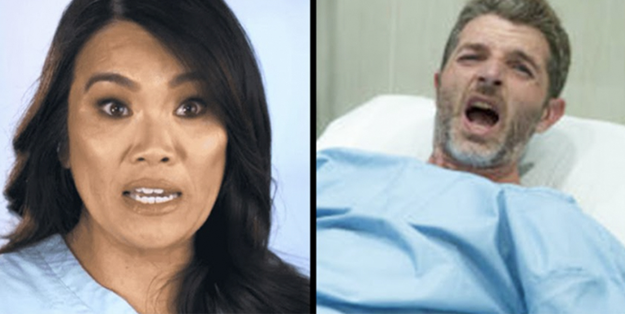 shocked nurse and distressed patient split image