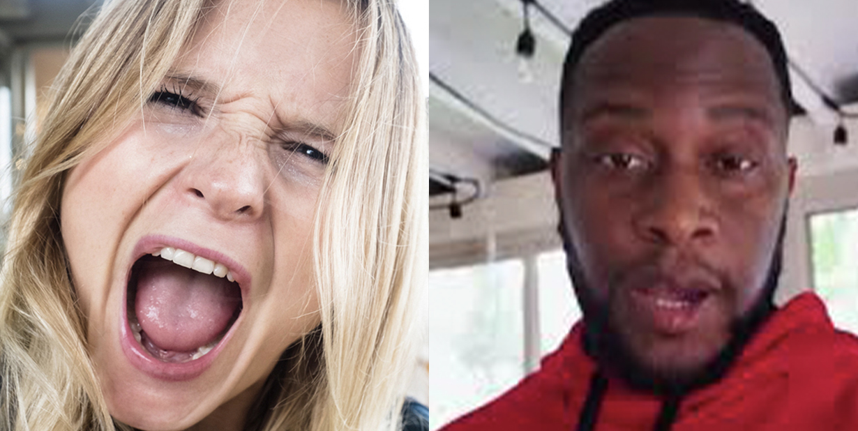 scared woman and surprised man split image