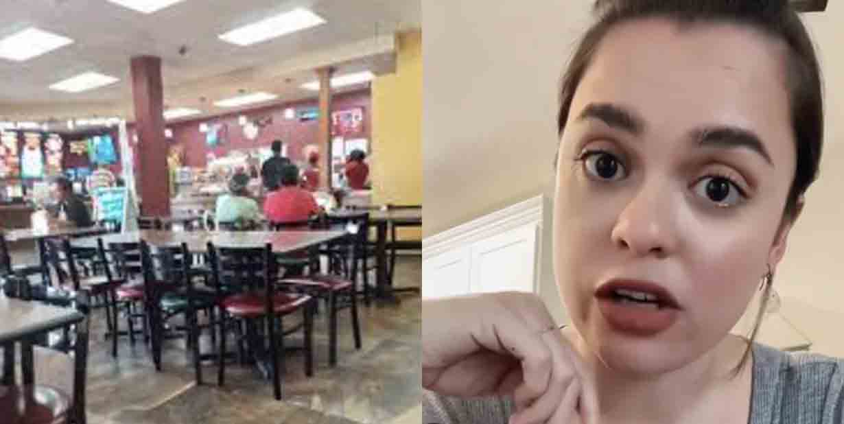 Fast food restaurant and shocked woman split image