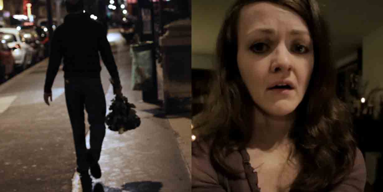 Shadow man on road and scared woman split image