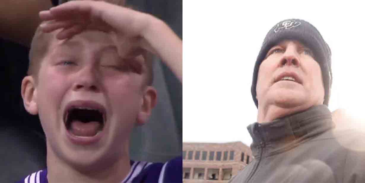 Crying child and coach dad split image