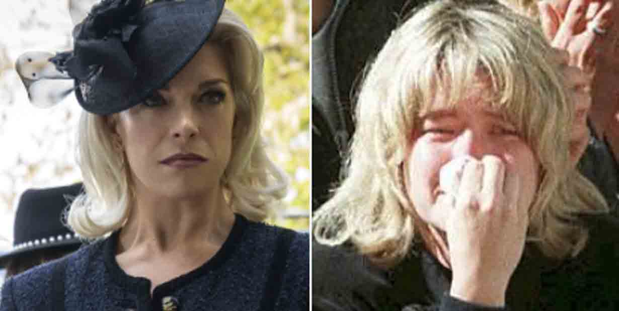 Witchy woman at funeral and distraught woman at funeral split image