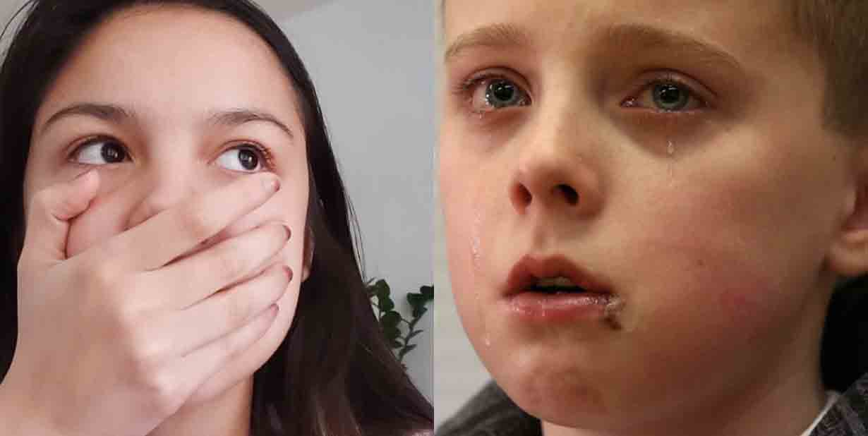 Scared girl and scared young boy split image