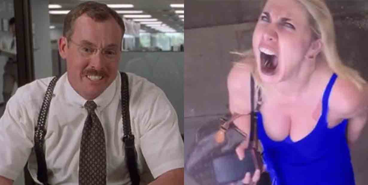 Office man and screaming girl in blue dress split image