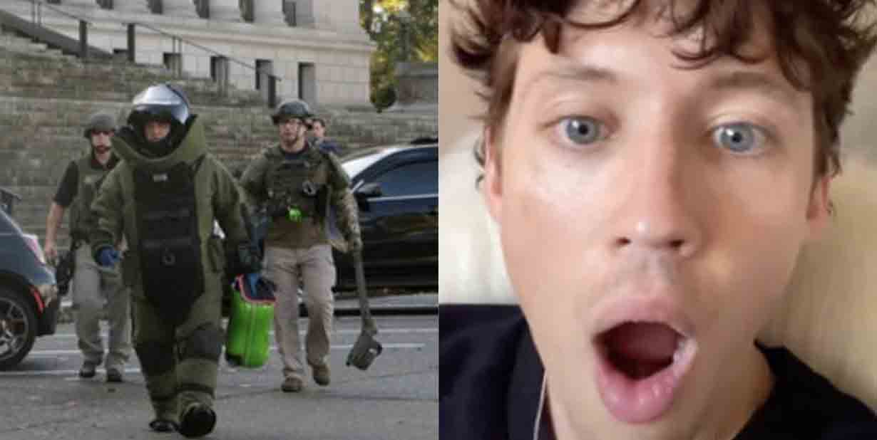 Bomb squad and shocked young man split image