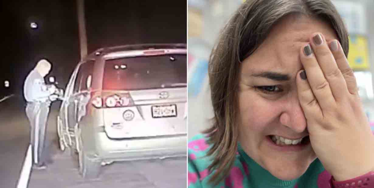 Vehicle pulled over and cringe face woman split image