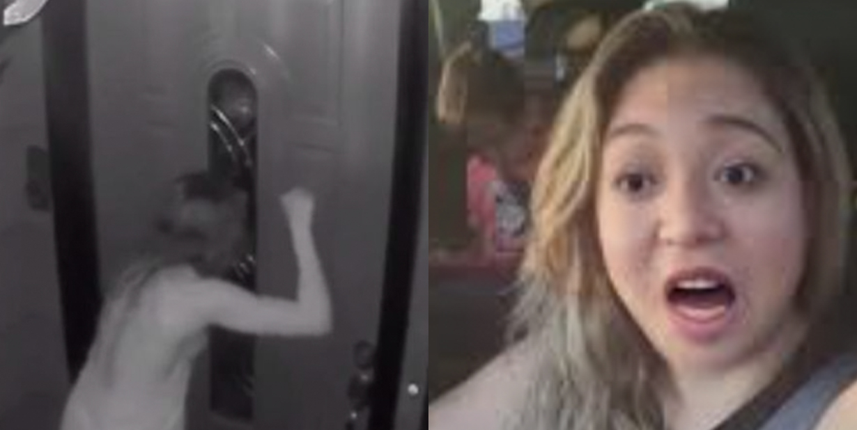 Doorbell camera and scared woman split image