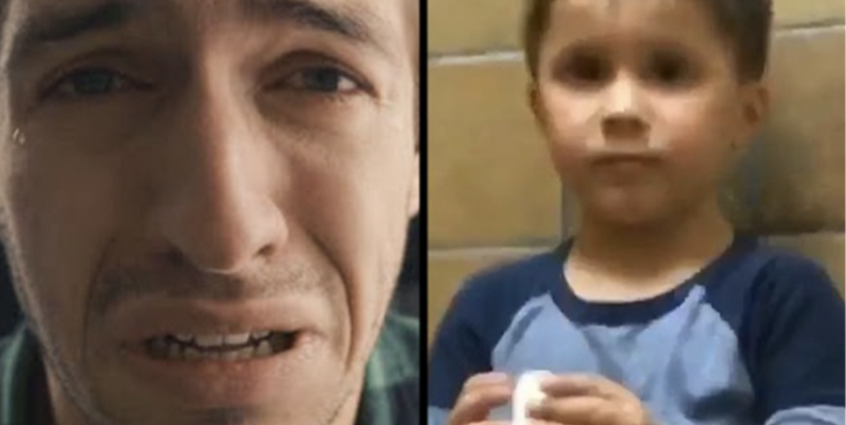 Worried man and young boy split image