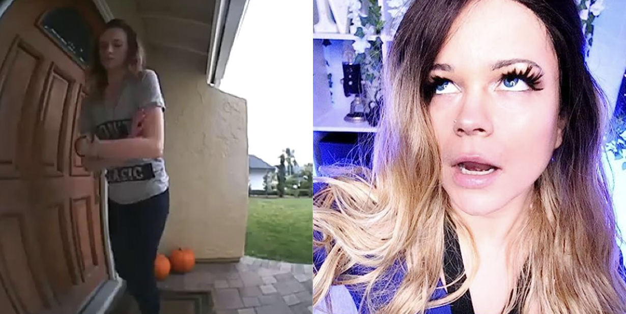 Girl at door and girl rolling her eyes split image