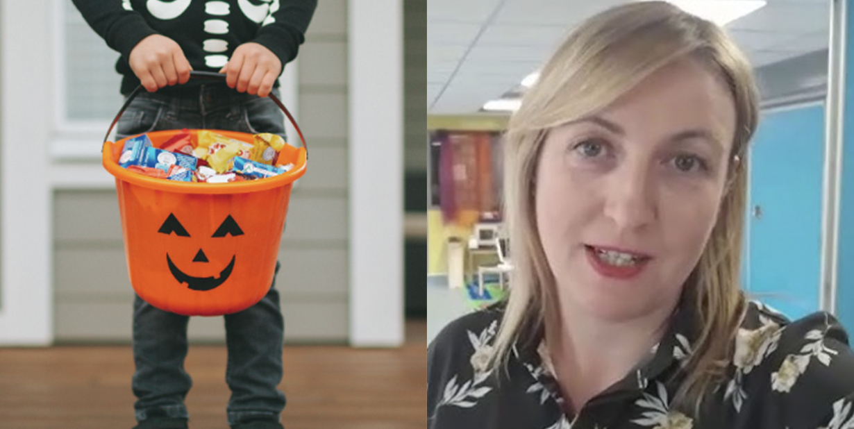 Trick or treat bucket and blond woman split image