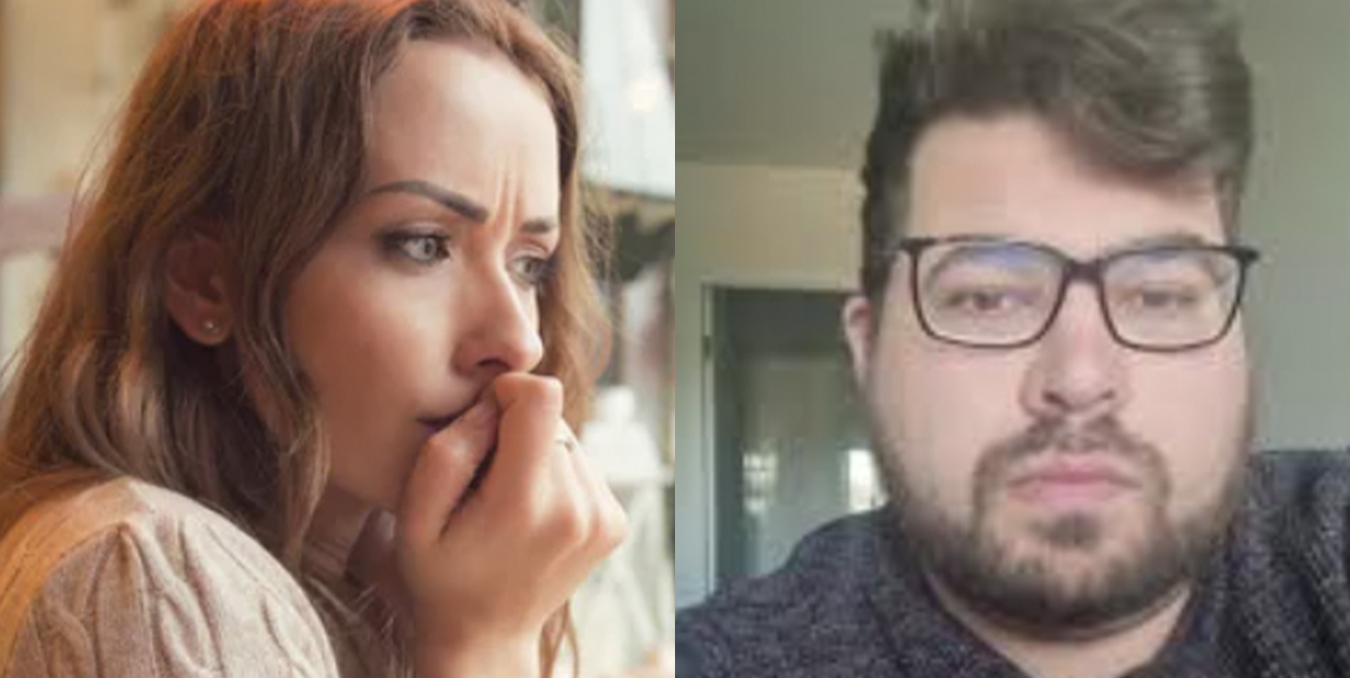 Nervous woman and sad man split image