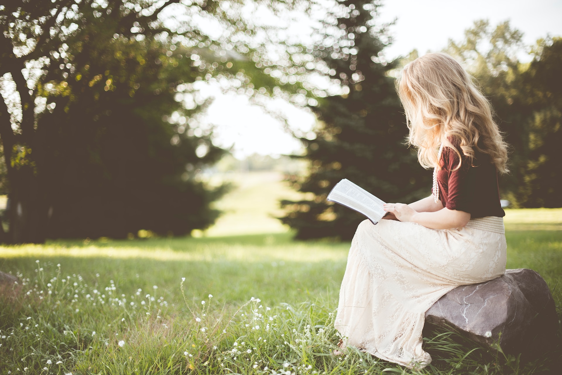 Girl sitting on a rock reading a book at a park
