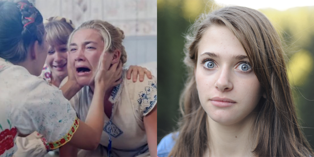 Crying woman and shocked woman split image