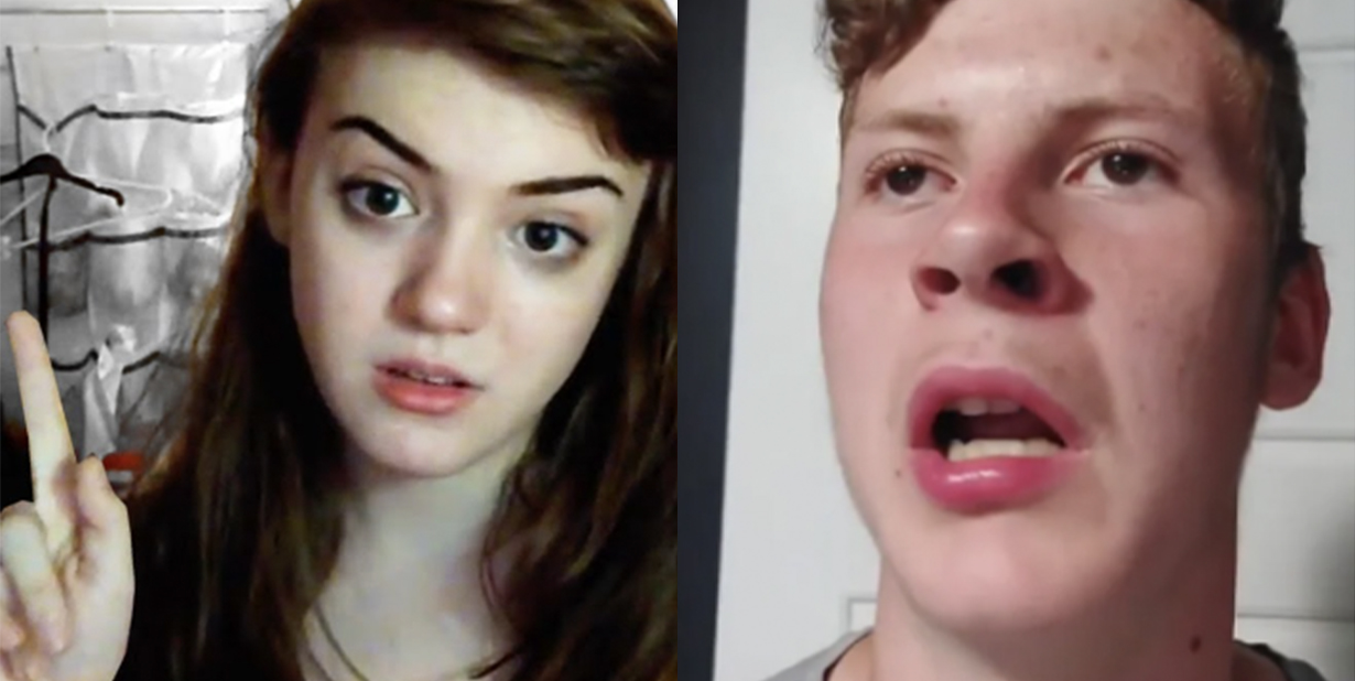 Dumb girl and shocked guy split image