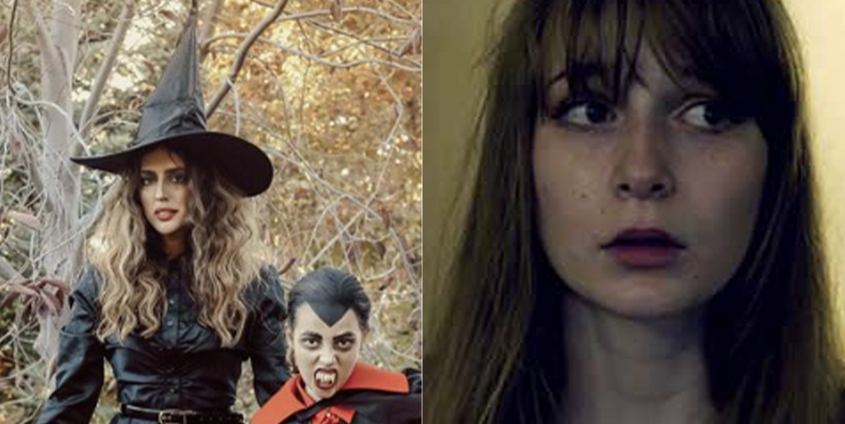 Halloween costumes and creeped out girl split image