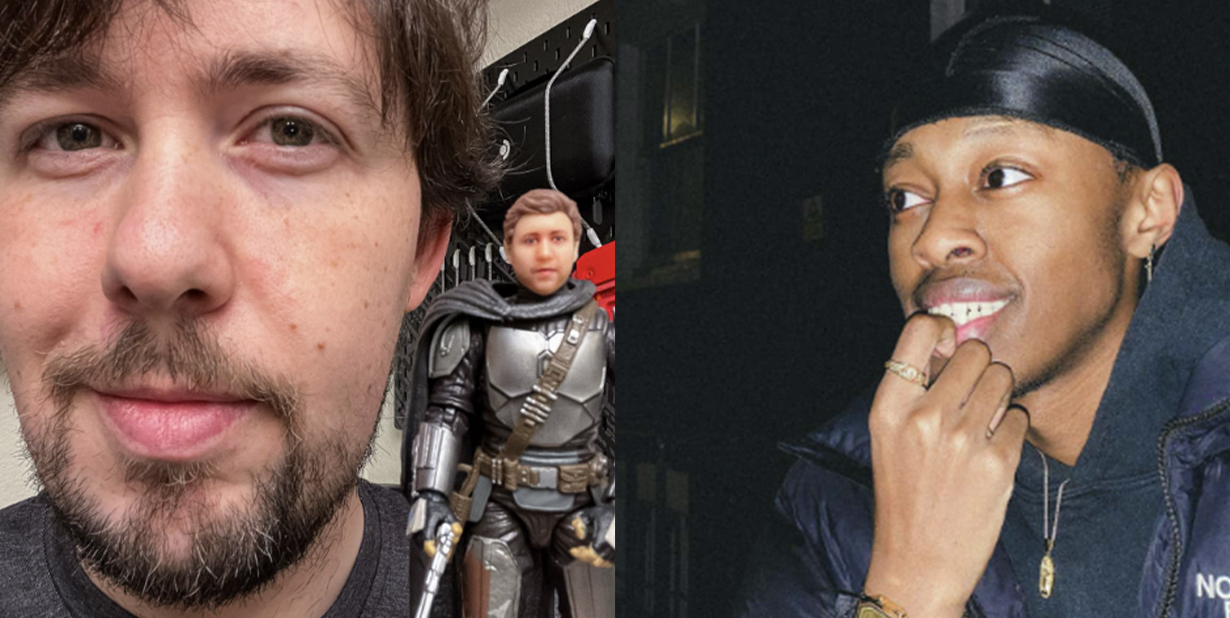 Man with personalized action figure, and man feeling guilty split image