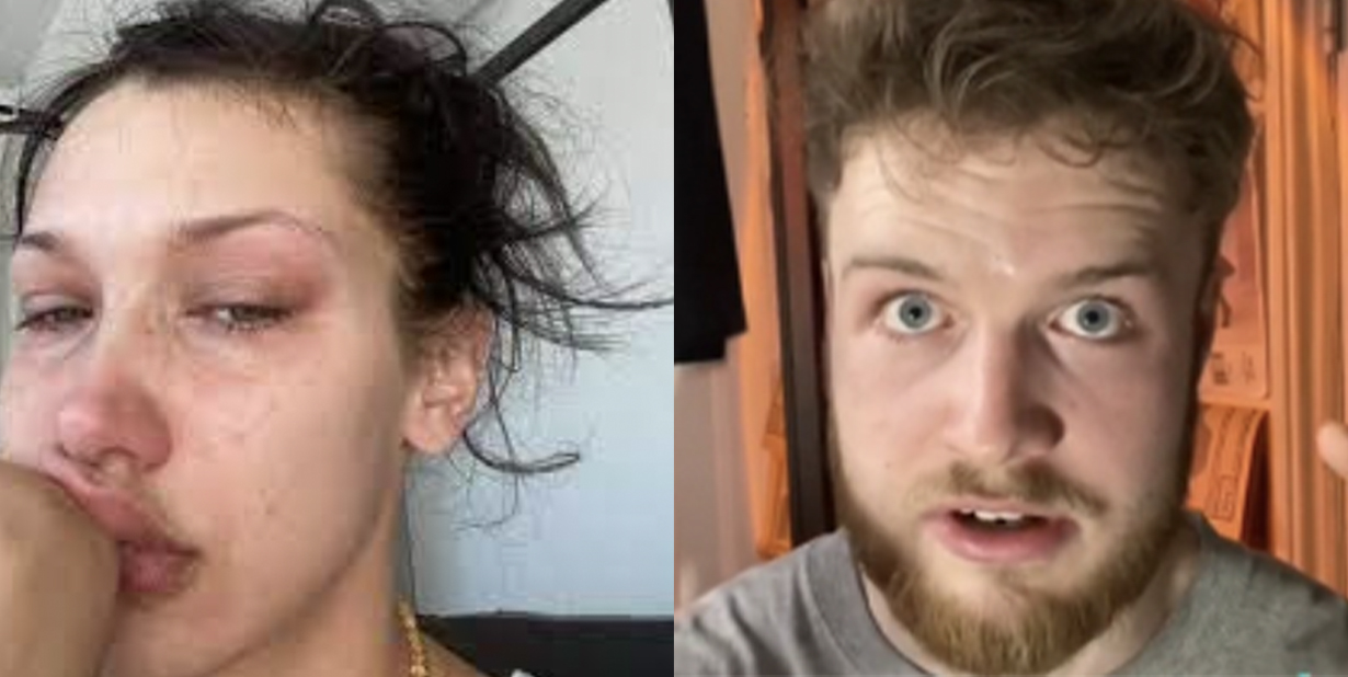 Sad woman and shocked man split image