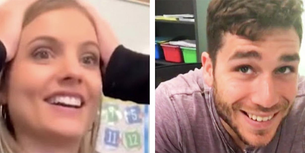 Relieved man and woman split image