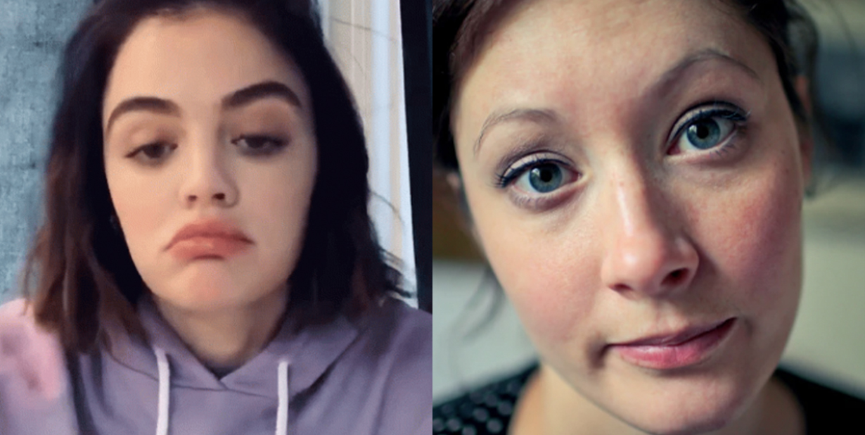 Two skeptical women split image