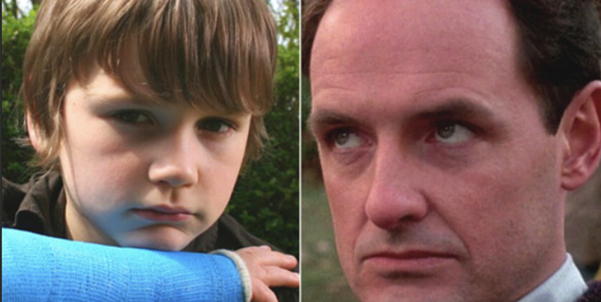 Kid with broken arm and guilty dad split image