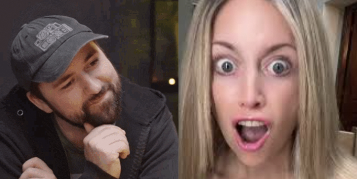 Happy guy and shocked girl split image