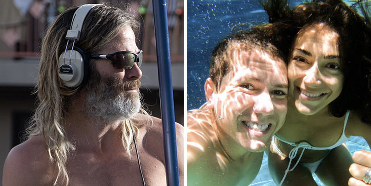 Man and people underwater split image