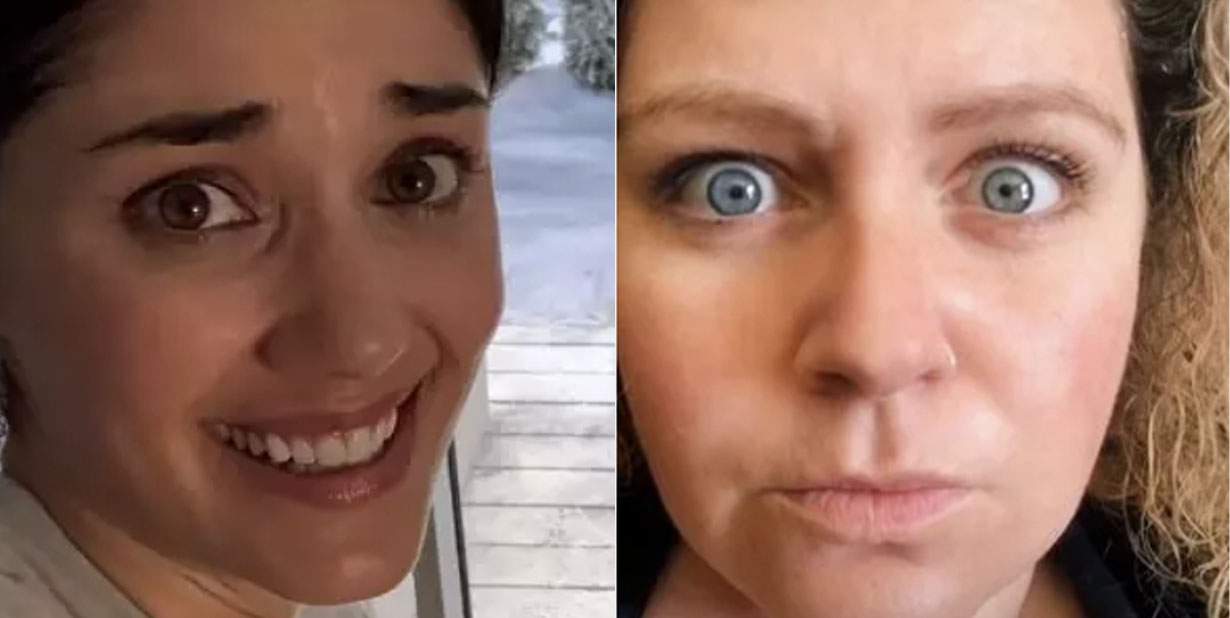 Two awkward and shocked woman split image