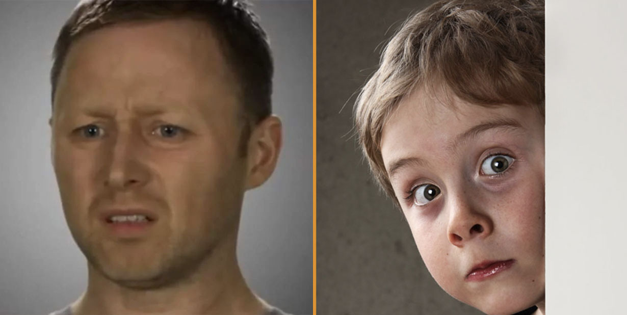Confused guy and scared child split image