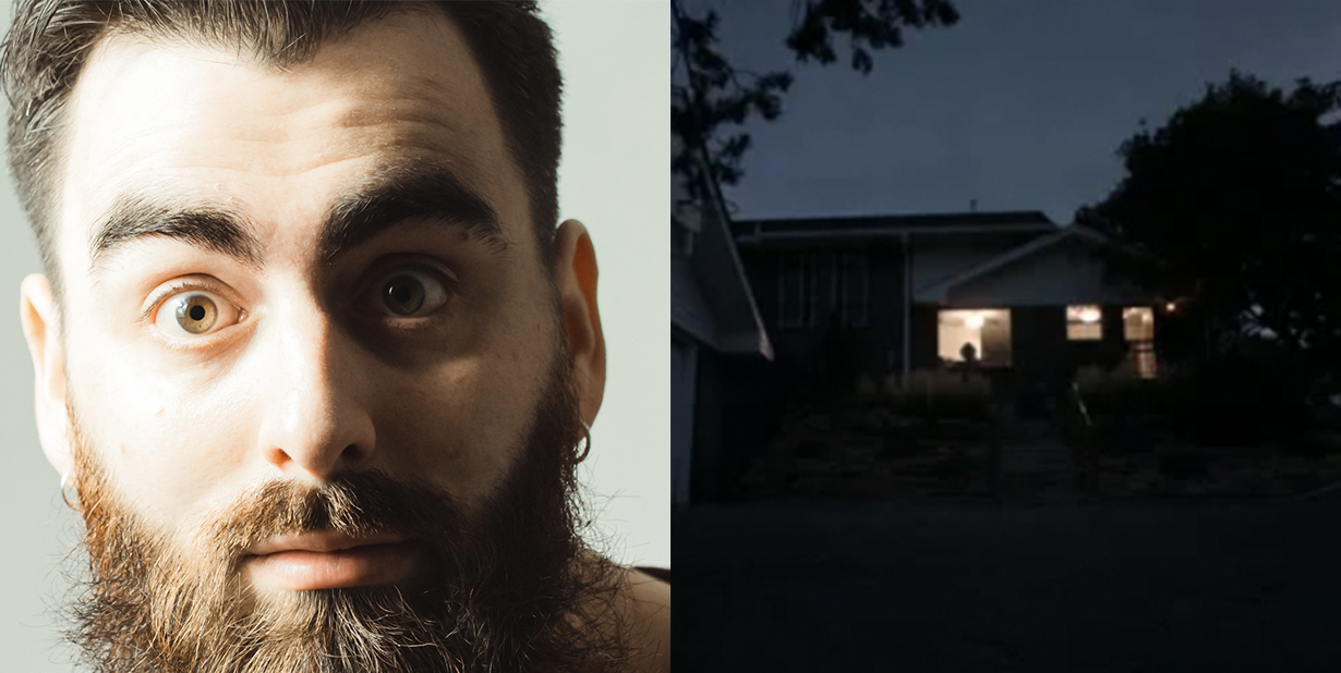 Shocked man and dark house at night split image