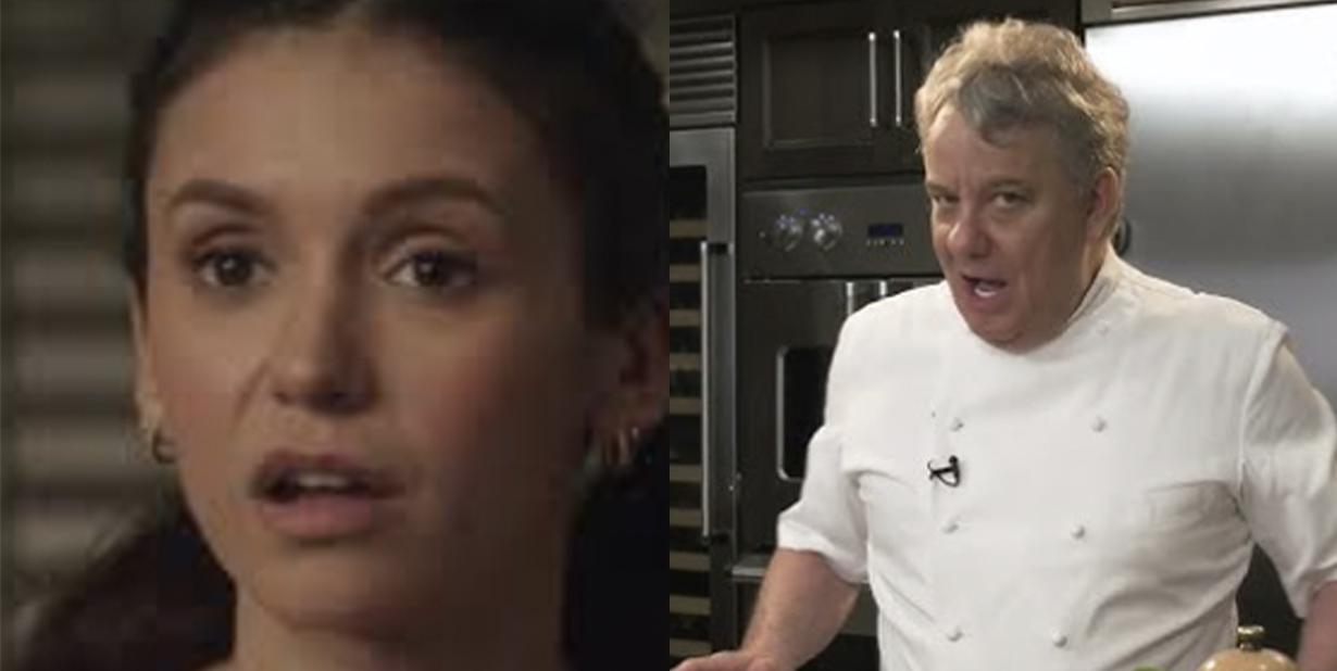 Disappointed woman and angry chef split image