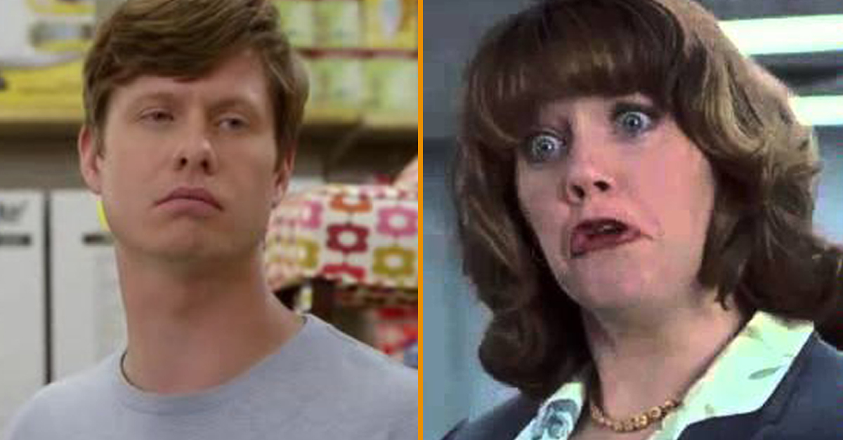 Vengeful man and shocked woman split image