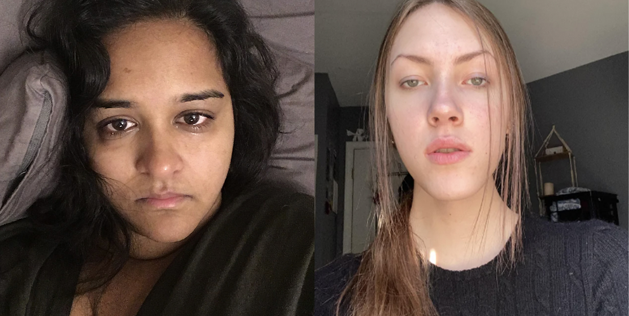 Two sad and lonely women split image