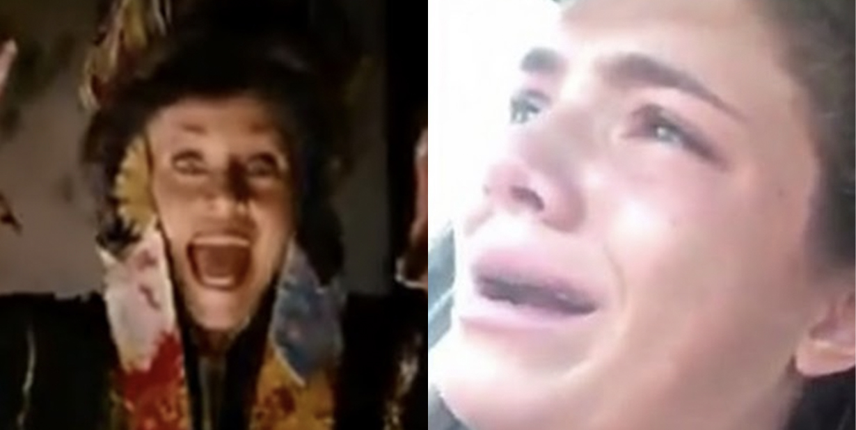 Scary woman and devastated person split image