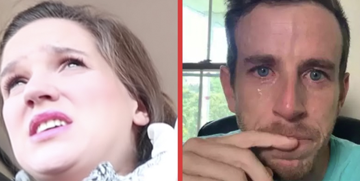 Woman in labour and crying man split image