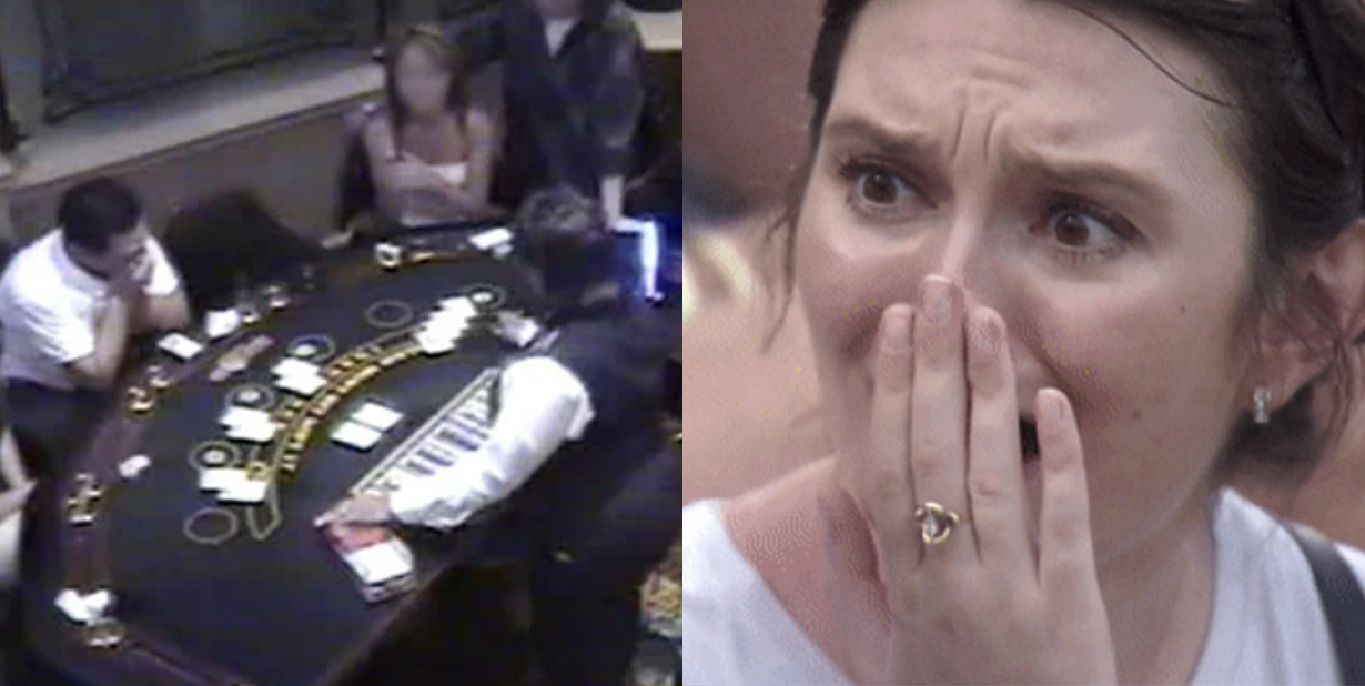 Casino on camera and shocked woman split image