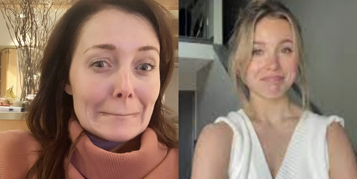 Woman hiding laughter split image