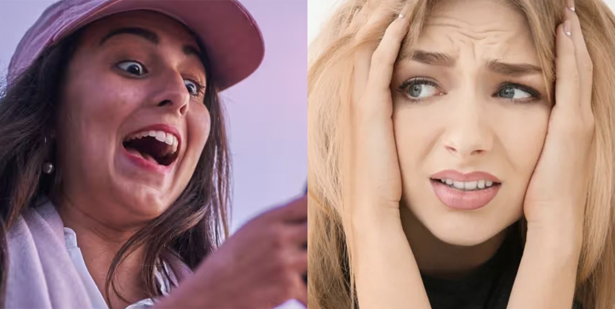 Laughing woman and embarrassed woman split image