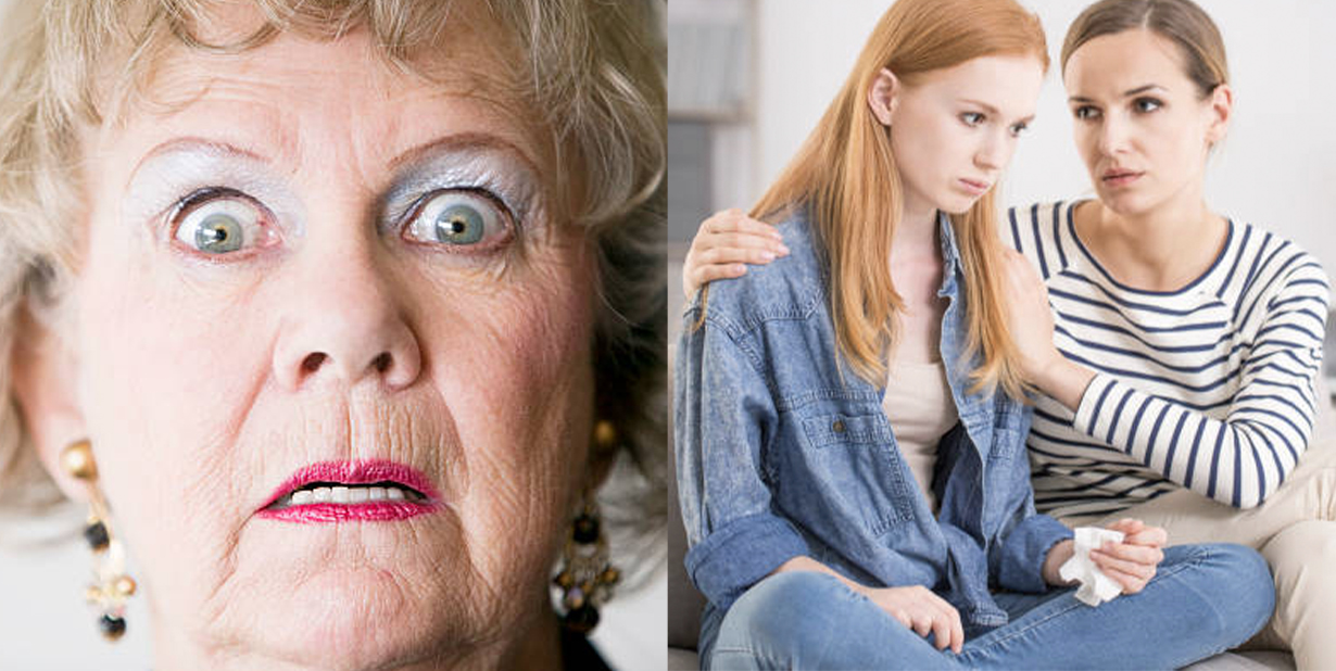 Shocked elderly woman and mother consoling daughter split image