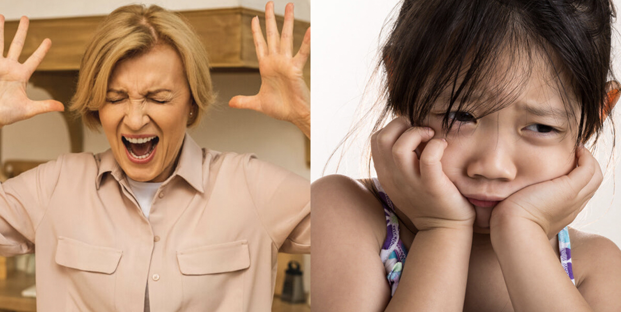 Upset parents and sad child split image