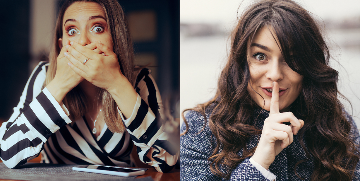 Shocked woman holding her hand to her mouth and woman telling a secret split image