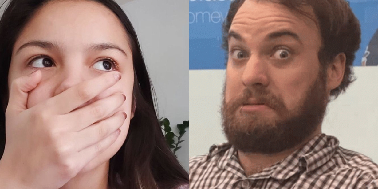 Shocked man and women split image